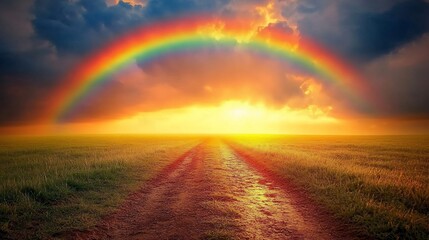 A vibrant rainbow arches over a dirt road at sunset