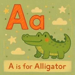 Educational printable card letter A - Alligator with cute smiling face