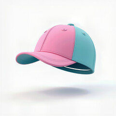 Fototapeta premium A stylish 3D baseball cap in a trendy pink and turquoise colorway, shown from a dynamic angle against a white background for apparel or accessory mockups. 