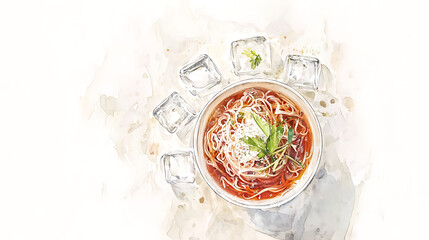 An exquisite watercolor illustration of chilled somen with scallions and ice cubes in a bowl, set against a splattered background.