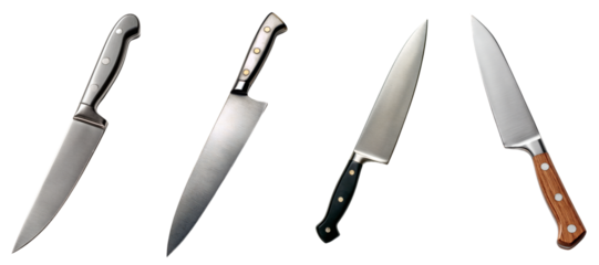 Sharp Stainless Steel Kitchen Knife PNG set with transparent background, featuring a culinary tool for food preparation and chef usage, ideal for cooking and cuisine designs