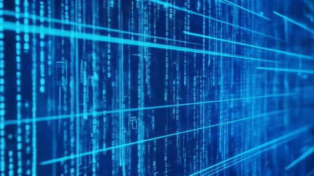 Animated blue matrix digital binary code rain data stream and laser light background