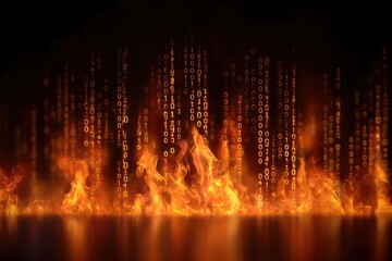 Glowing 0 and 1 digits rain over intense flames reflected in a dark surface