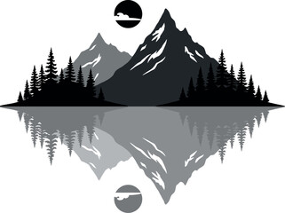 Mountain lake reflection silhouette isolated on white background