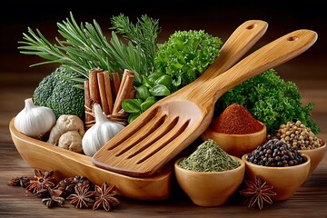 Herbal and spice mix with kitchen utensils high resolution picture