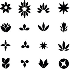 Sixteen black flower and star icons isolated on white background.
