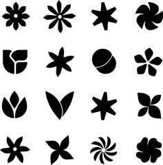 Sixteen black flower and star icons isolated on white background.