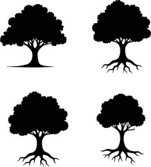 Four tree silhouettes isolated on white background