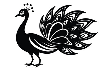 Detailed black silhouette of a stylized peacock stands elegantly on a bright white backdrop