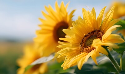 Obraz premium blooming sunflowers lowering their heads, facing the ground, vibrant golden petals, Generative AI