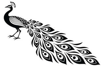 Decorative peacock showcases elaborate tail feathers, a symbol of beauty and elegant design