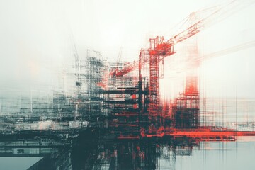 Industrial multi exposure capturing the blend of construction sites and architectural elements in a vibrant city landscape at dusk