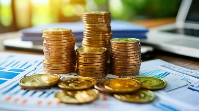pile coin money with account book finance and banking concept for background.concept in grow and walk step by step for success in business.