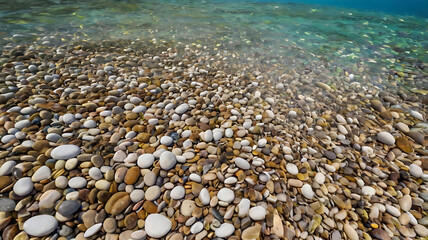 Pebble beach underwater with clear turquoise water and smooth round stones close up