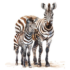 A Mother Zebra With Her Kid, watercolor clipart vector, isolated on a white background.