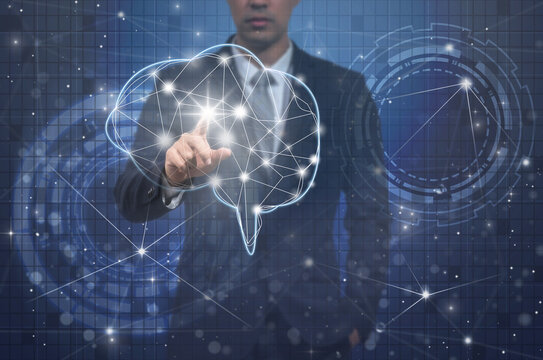 Business Professional Interacting with Digital Brain Interface on Grid Background 
