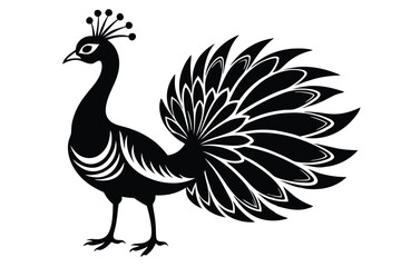 Stylized black peacock stands with tail feathers artfully displayed over a white background
