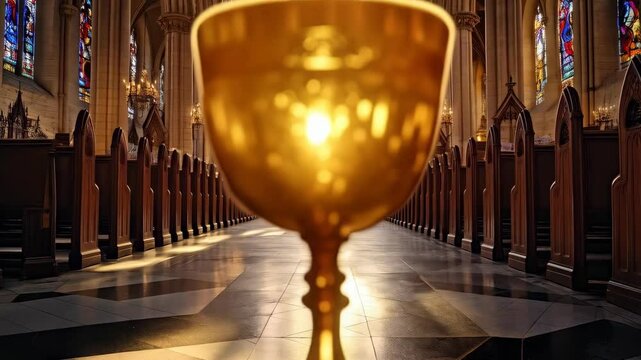 Golden chalice on altar inside church with stained glass windows and rows of pews leading to the background