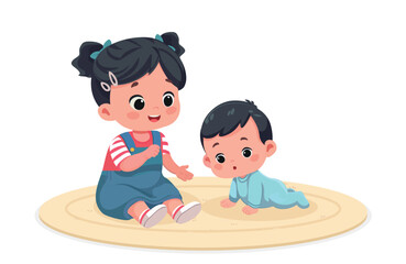 Big Sister Watching Little Brother Learn to Crawl – Cartoon Vector Illustration