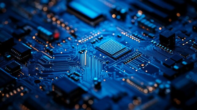 Close-up of a blue laptop motherboard with electronic circuits, chips, and connectors representing modern computer hardware and high-tech innovation
- Powered by Adobe