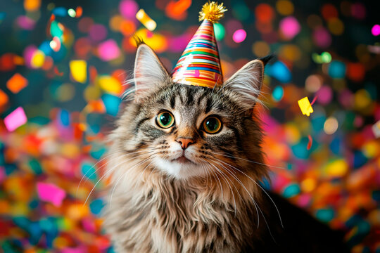 Adorable cat in a party hat celebrates birthday with confetti on vibrant background. Pet birthday party concept. - Powered by Adobe