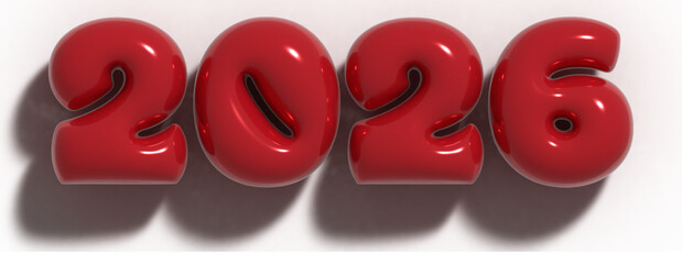 Happy New Year 2026 balloon bubble effect, 3D vector illustration isolated on transparent background, number 2026 in red inflatable letters