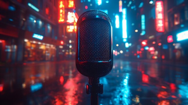 A vintage microphone in a vibrant, neon-lit city street at night, bathed in rain