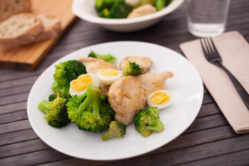 Pieces of fried chicken breast with boiled broccoli and quail eggs on plate for lunch