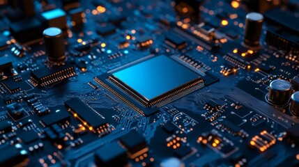 Fototapeta premium Close-up of a blue laptop motherboard with electronic circuits, chips, and connectors representing modern computer hardware and high-tech innovation