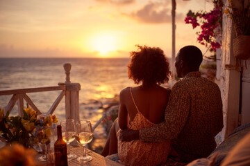 Couple watching sunset on a balcony overlooking the ocean. Couple enjoying sunset on seaside terrace with wine, flowers, romance and vacation.
