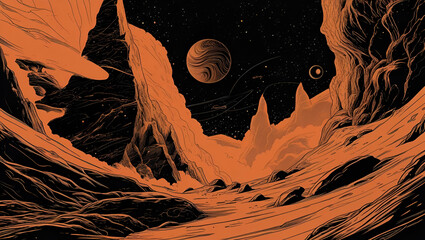 Space line drawing illustration in black and orange tones.