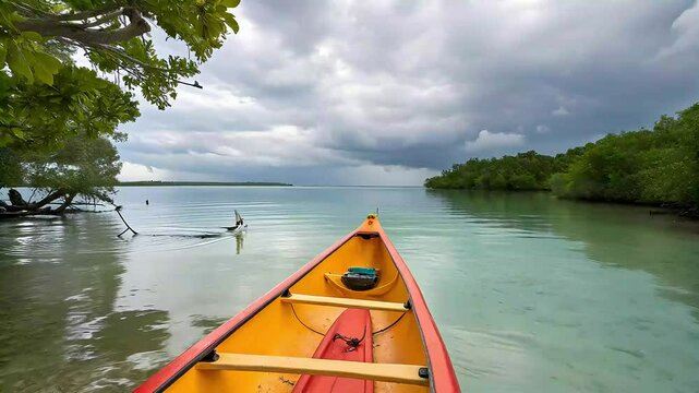 Brightly colored canoe bobs gently on calm waters as a paddler adjusts their grip, ripples spreading beneath towering trees in a serene outdoor setting filled with morning birdsong Dynamic Camera