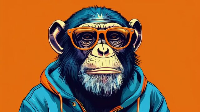 portrait of a chimp , chimpanzee in sunglasses, funny monkey with glasses, monkey wearing a sweatshirt