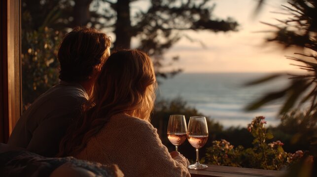 Couple watching sunset on a balcony overlooking the ocean. Couple sitting together by a window, two glasses of wine in foreground, overlooking ocean at sunset, cozy and romantic atmosphere