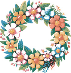 Vibrant Floral Wreath with Pink Orange Yellow White Flowers Green Leaves and Berries Circular Design Element