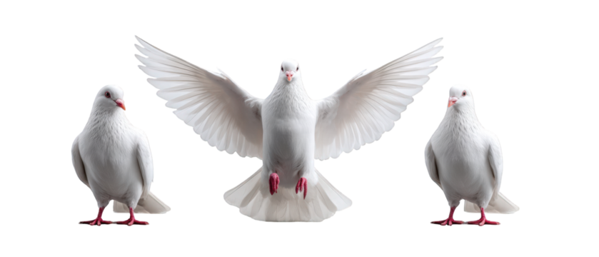 Three white doves in flight and at rest, showcasing their feathers against a neutral backdrop