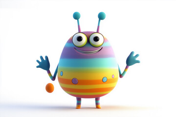 Obraz premium Cute, funny cartoon blue bird character with feathers holding a colorful Easter egg isolated on a white background