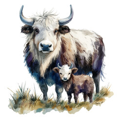 A Mother Yak With Her Kid, watercolor vector, isolated on a white background.