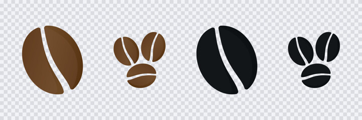 Fototapeta premium Coffee beans icon set, Brown and roasted coffee bean Seed sign, Grain isolated on transparent background