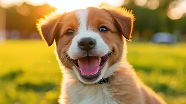portrait of a cute puppy, happy smile dog in the park around sunset.