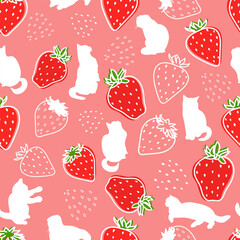 Summer Strawberry Fruit and Cat Seamless Pattern
