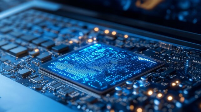 Close-up of a blue laptop motherboard with electronic circuits, chips, and connectors representing modern computer hardware and high-tech innovation