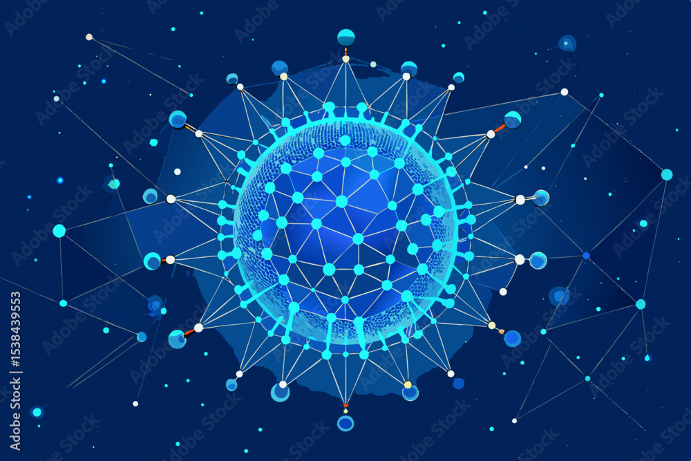 Poster abstract network connection globe with nodes and lines on dark blue background
