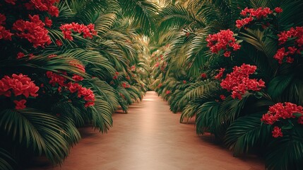 Lush tropical walkway lined with vibrant red flowers and lush green foliage