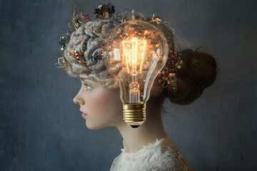 Innovative ideas emerge as a lightbulb shines from a human brain, symbolizing creativity and enlightenment in a conceptual art representation
