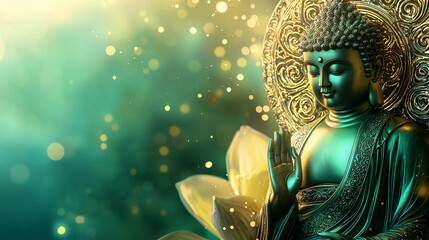 Vesak Day, Golden Buddha Statue Surrounded by Sparkling Light Particles, Commemorating Buddha’s Birth, Enlightenment and Death in Peaceful Reflection