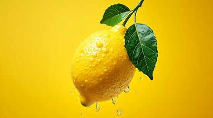 Fresh lemon fruit with green leaves