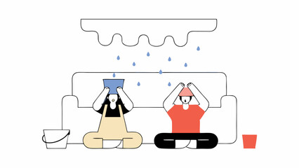 Couple Collecting Leaking Ceiling Water