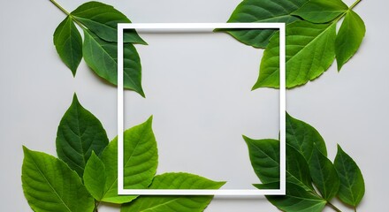 Green Leaves with White Square Frame: A creative flat lay background for your next advertising card or invitation design