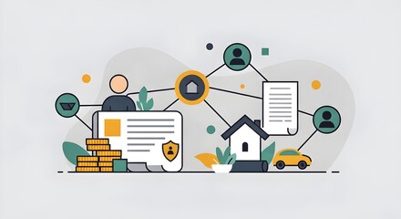 A modern flat design infographic illustrating the concept of comprehensive asset management, connecting icons of a person, money, property, and documents.